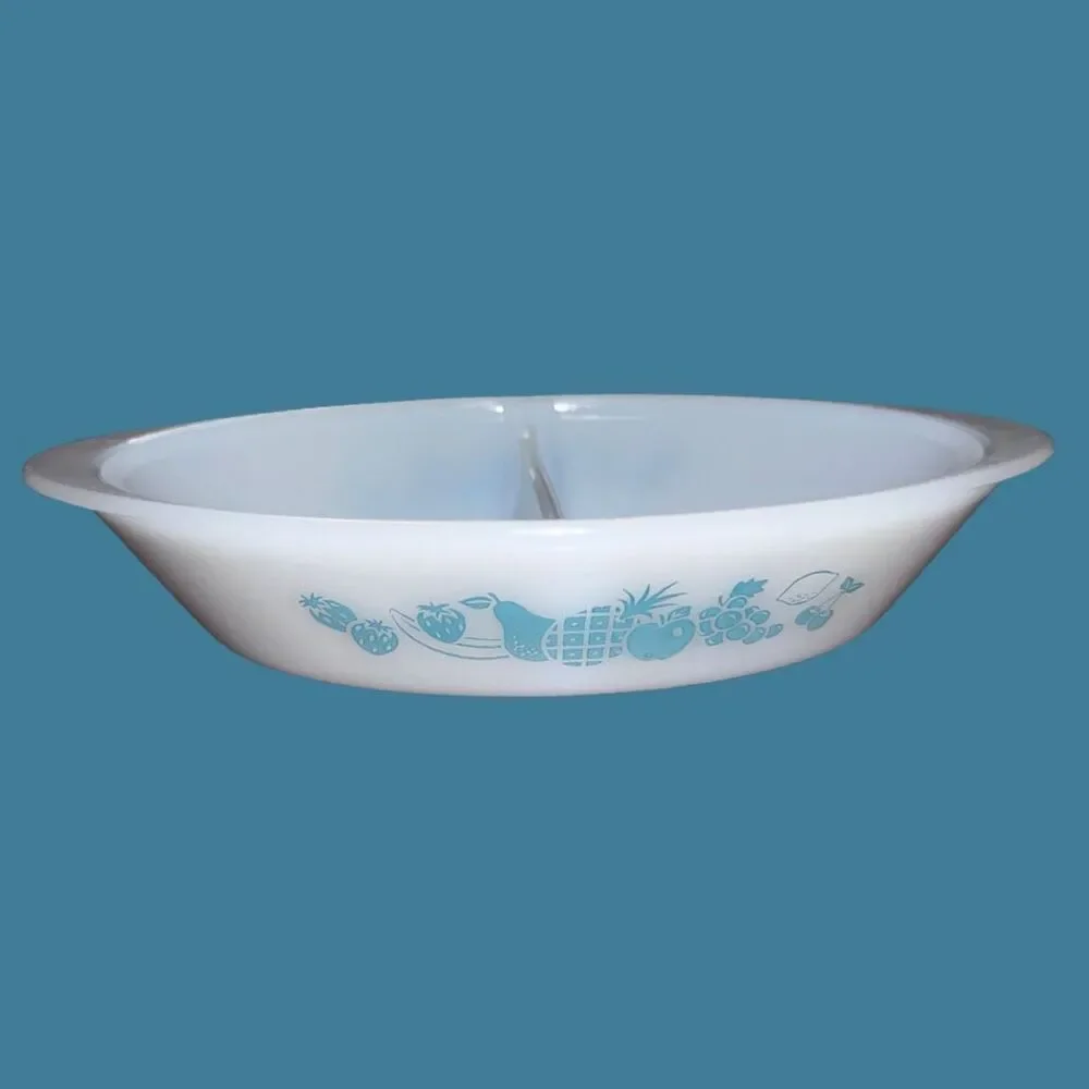 Vintage Milk Glass Fruit Pattern Glasbake Divided Casserole Dish Oval